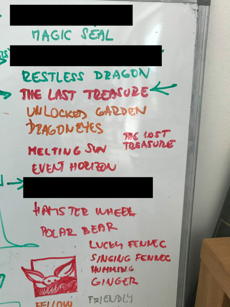 Whiteboard with a list of possible names for a brand or board games.