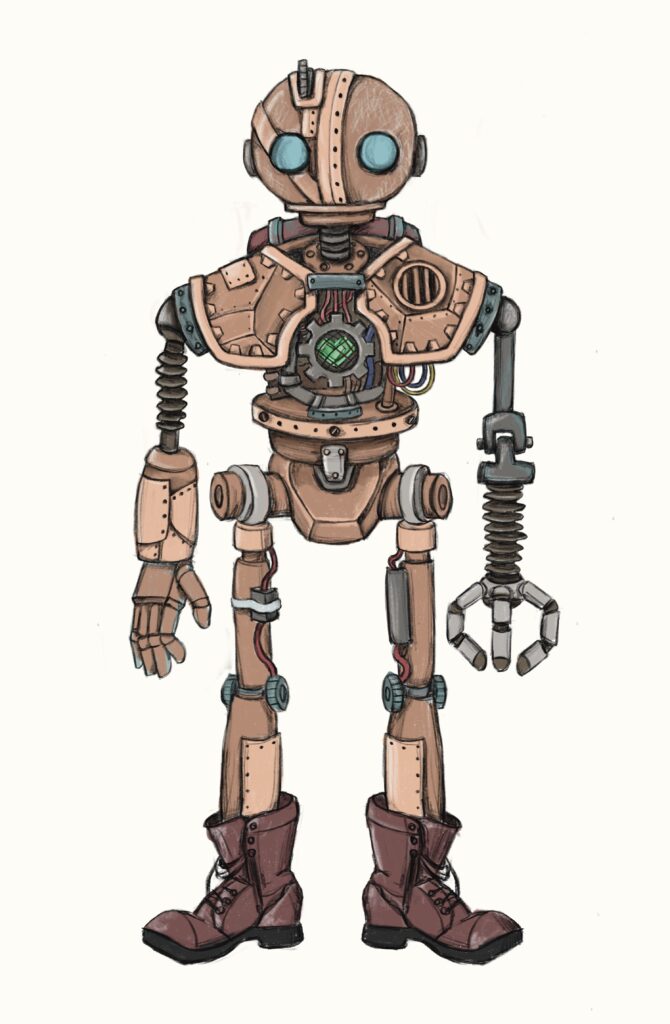 An old robot named Nomád wearing old boots looking at us.