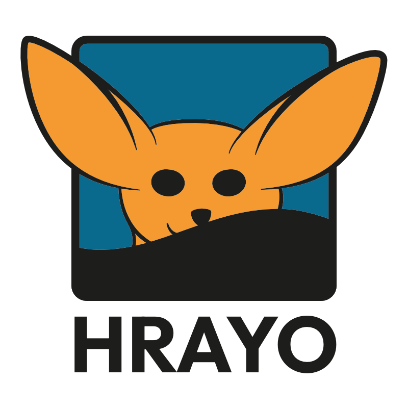 Hrayo logo is an orange fennec looking at you. The fennec has part of its face hidden behind a hill.